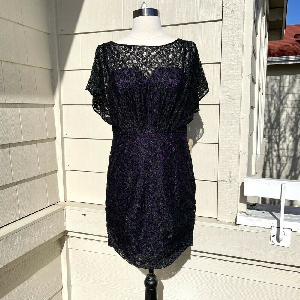 Mikael Aghal Black Lace Purple Mini Sheath Dress